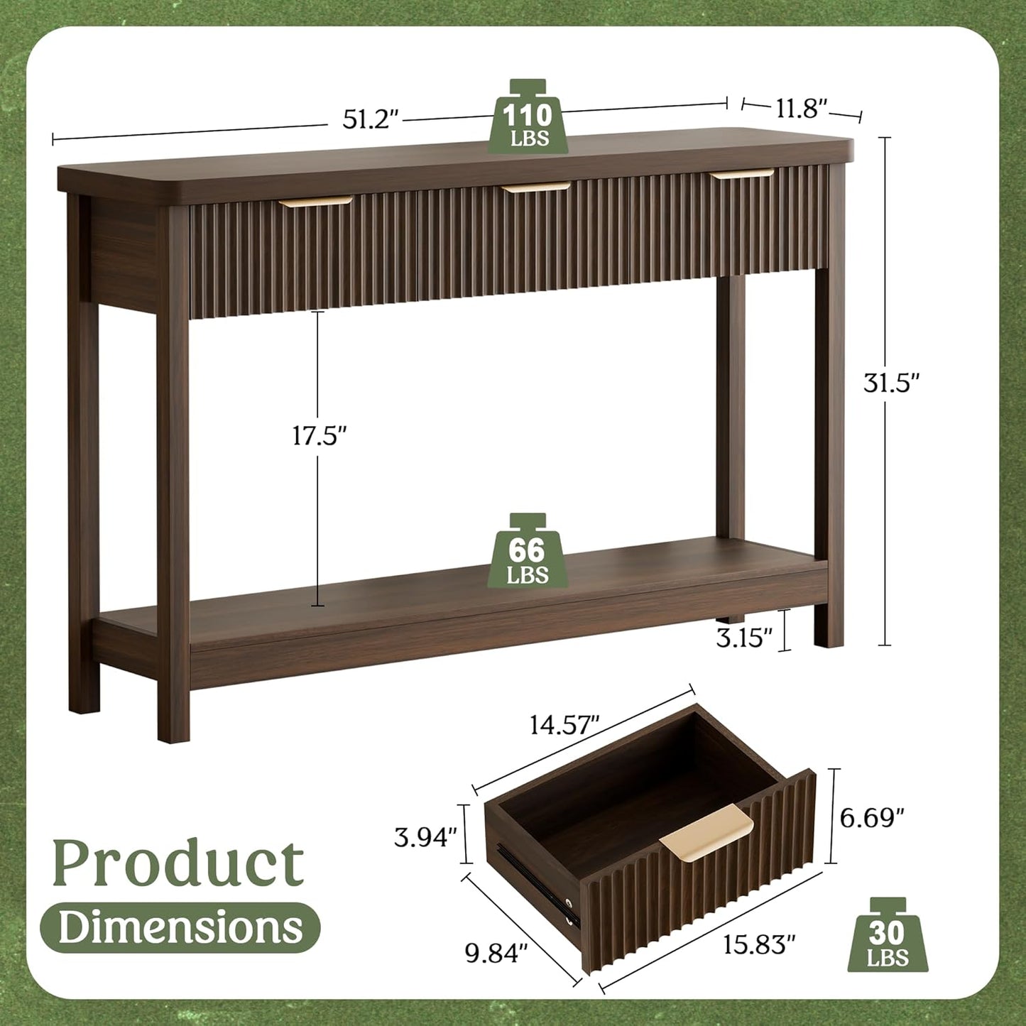Lulive 51" Fluted Console Table for Entryway, Entryway Table with 3 Wooden Drawers, Farmhouse Behind Sofa Table for Living Room, Hallway, Couch, Foyer
