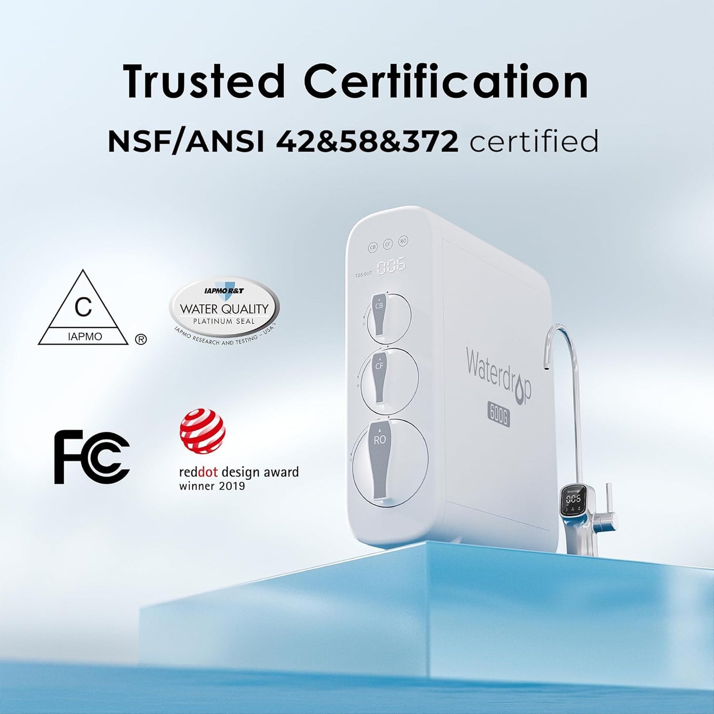 Waterdrop G3P600 Reverse Osmosis System, 8 Stage Tankless Reverse Osmosis Water Filter, NSF/ANSI 42 & 58 & 372 Certified, Under Sink RO System, 2:1 Pure to Drain, Smart LED Faucet
