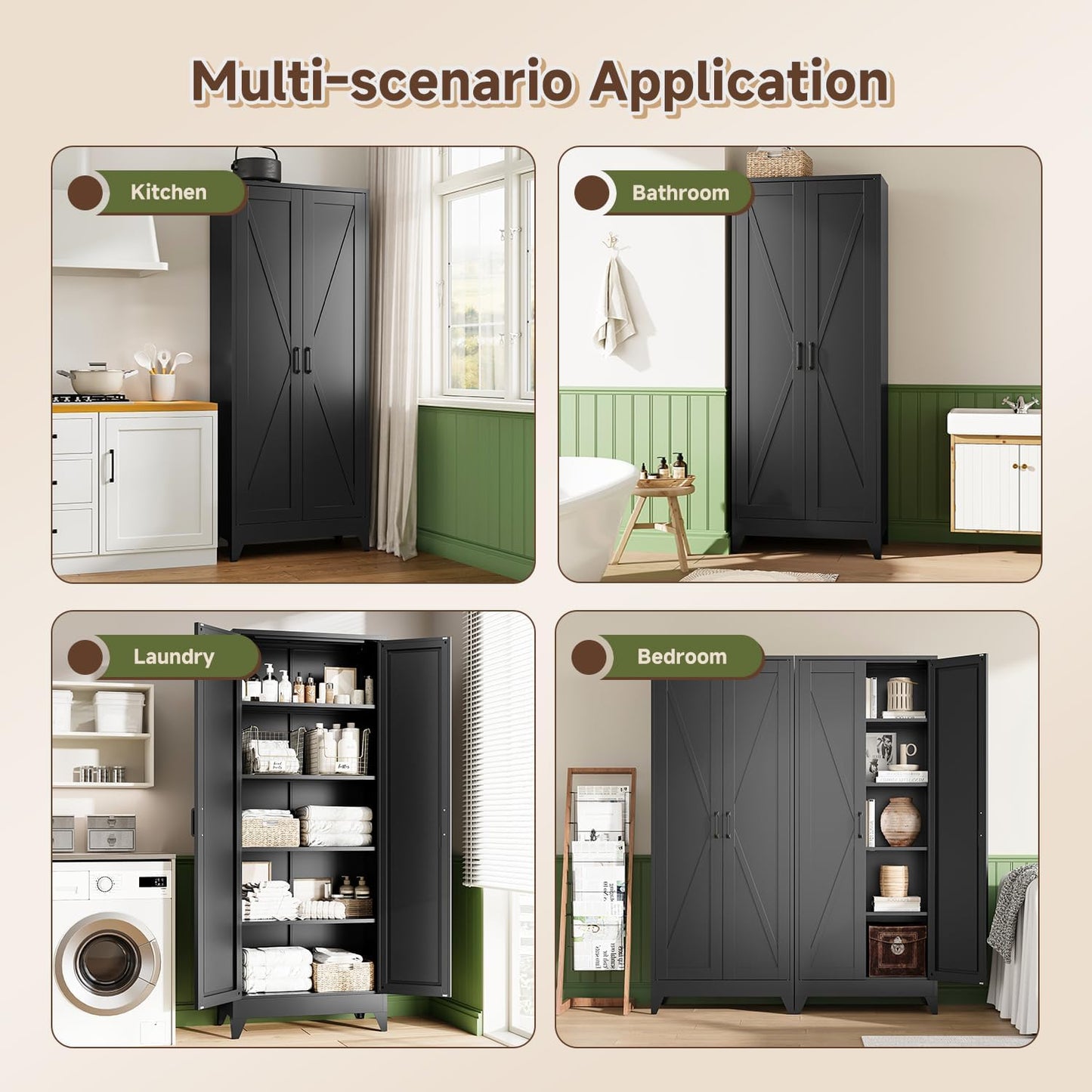 Letaya Storage Cabinet,75" H Metal Kitchen Pantry Cabinets with Doors and Adjustable Shelves,Pantry Organizers for for Cupboard/Dining/Bathroom/Office/Garage Room,Black
