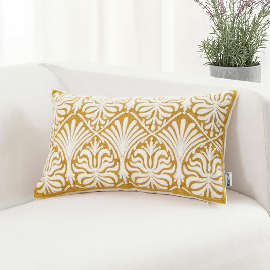 HWY 50 Mustard Yellow Decorative Lumbar Pillow Cover Rectangle 12x20 Inch (1 Piece), Embroidered Cotton Farmhouse Cushion Cover Pillow Case for Sofa Couch Living Room Bed, Minimalist Floral