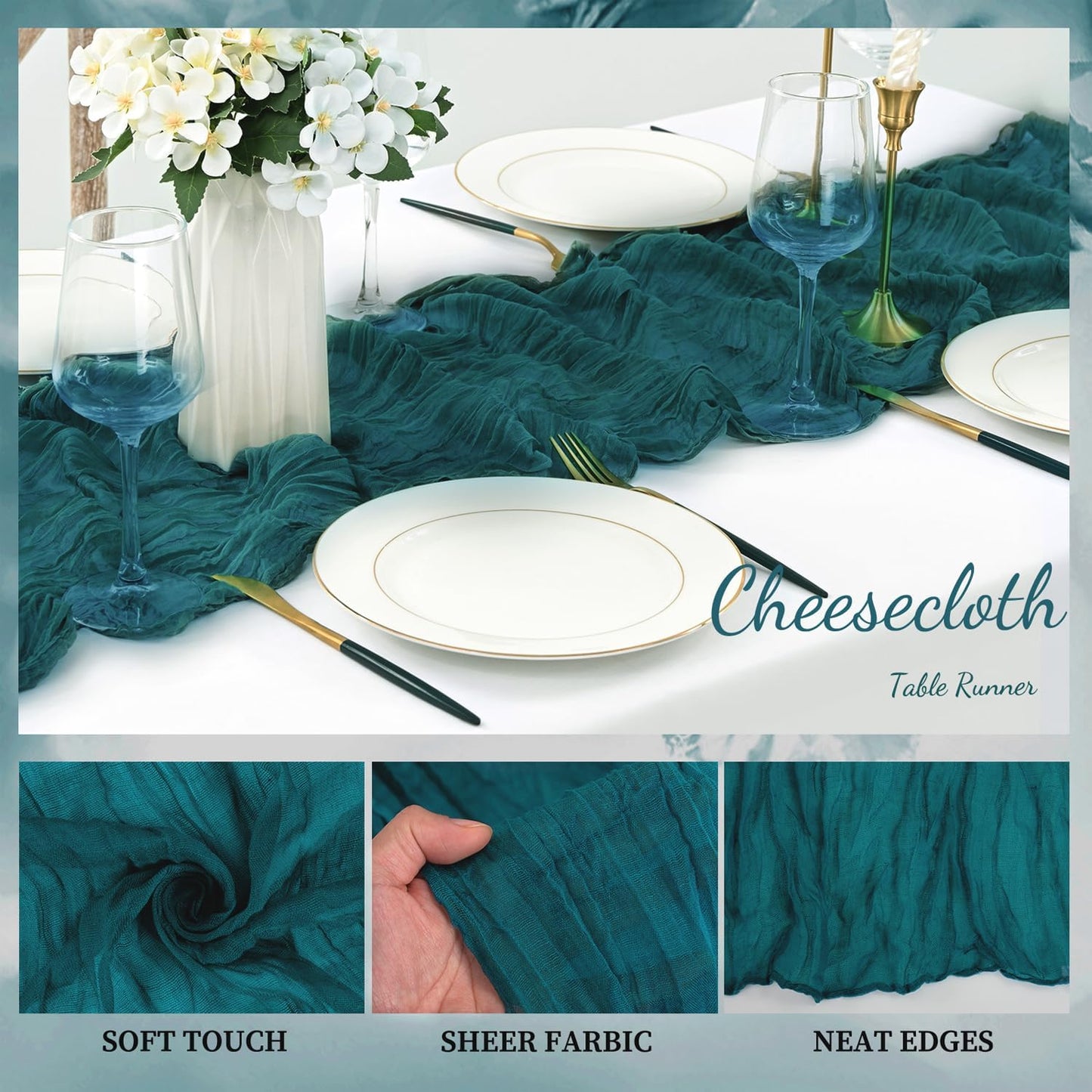 12 Pack Teal 10FT Cheesecloth Table Runner Rustic Gauze Cheese Cloth Table Runner for Wedding Bridal Baby Shower Table Decorations Boho Fabric Sheer Birthday Party Table Decor 20 x 120 Inch Long