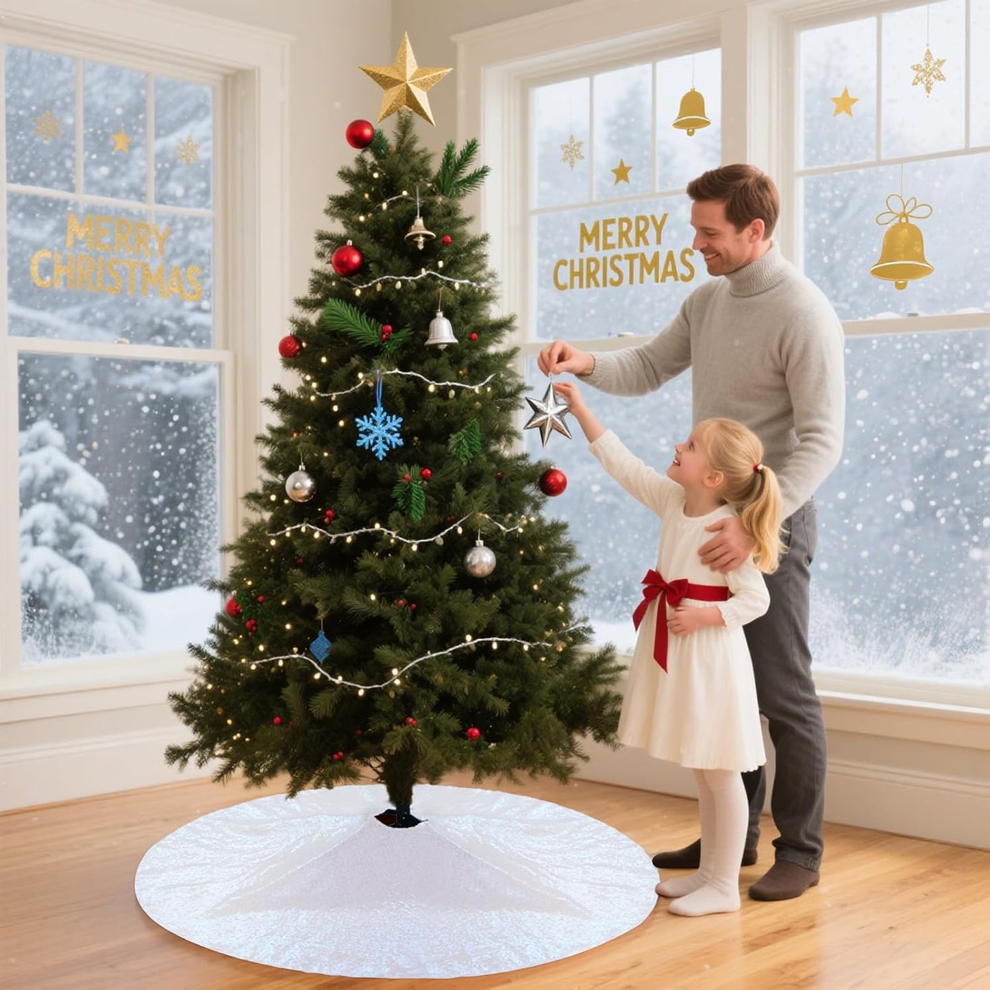 Eternal Beauty Christmas Tree Skirt, 24 Inch White Iridescent Sequin Tree Skirt Small Xmas Tree Skirt for Christmas Tree Decorations