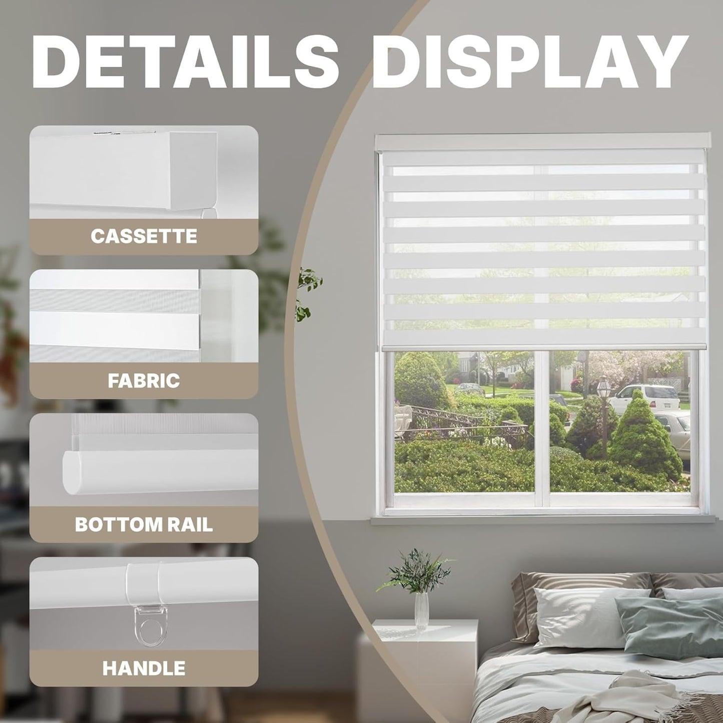 HESTIA Cordless Zebra Blinds Light Filtering Roller Shades Blackout Indoor Window Blind for Home Office,White,46" W x 60" H