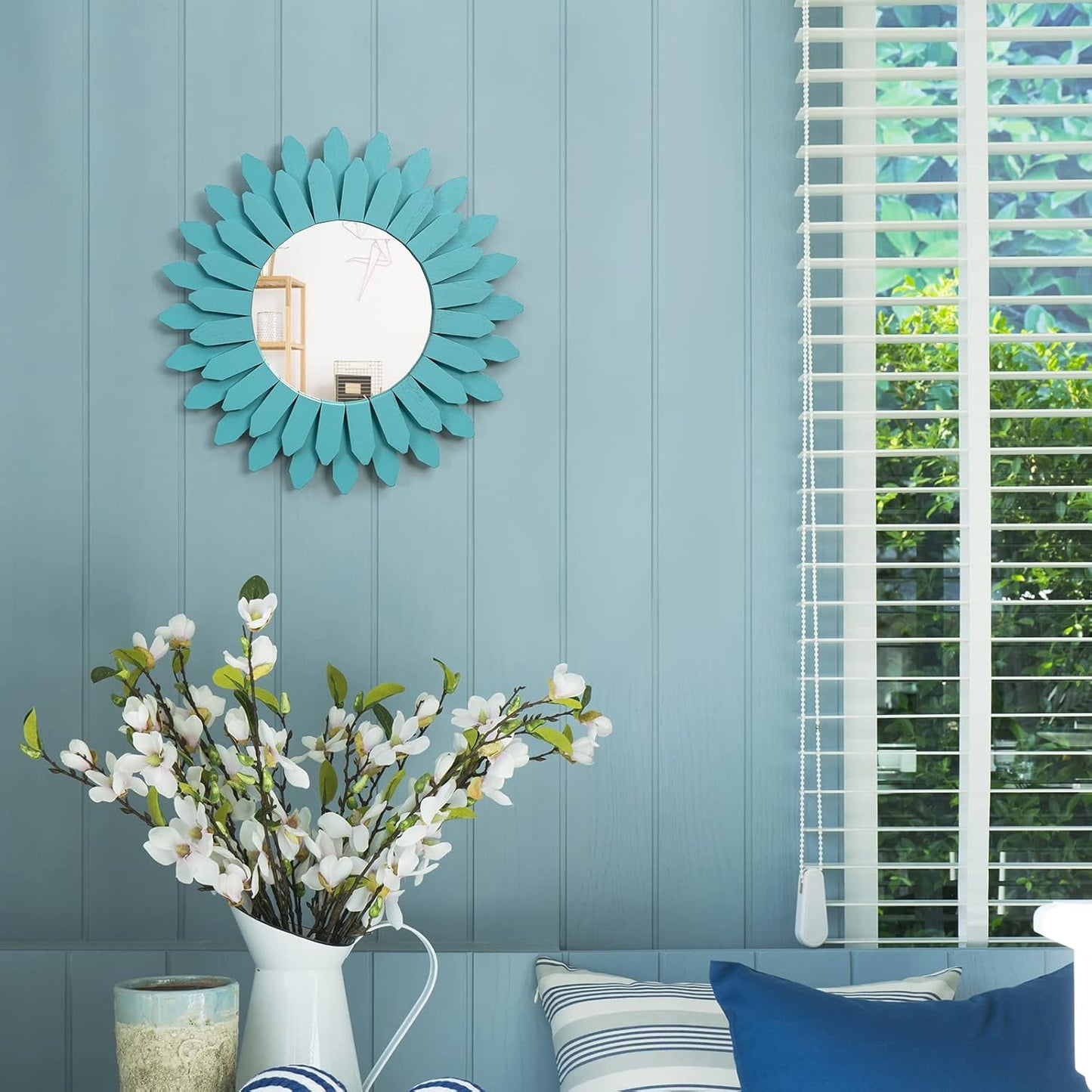 Honiway Beach Wall Decor Mirror 12 inch Wood Coastal Wall Decor Sunburst Boho Home Decor Room Decor for Bedroom Living Room Bathroom Cyan