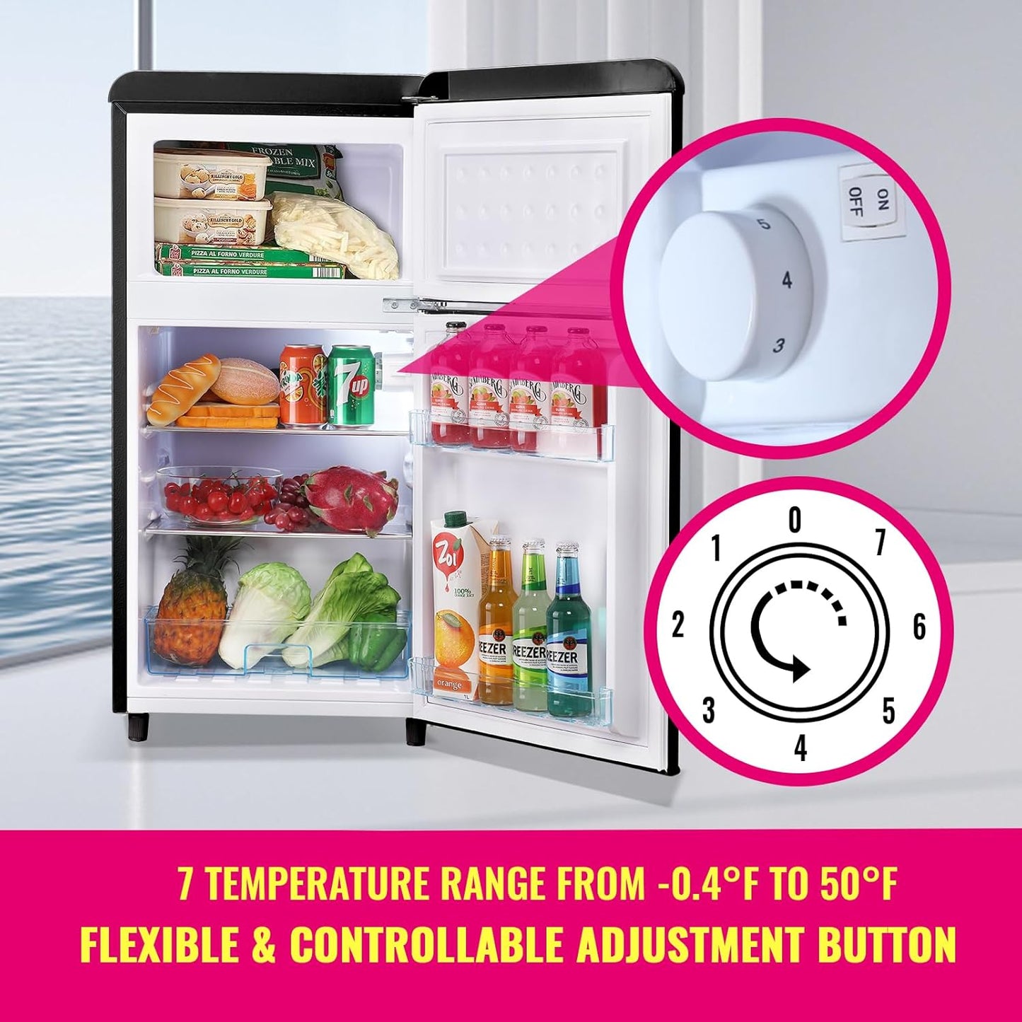 Mini Fridge Dual Door Refrigerator with Freezer, 3.5 Cu.Ft Compact Refrigerator with Handle, Adjustable Temperature & Removable Glass Shelves, for Apartment/Dorm/Office/RV, Black