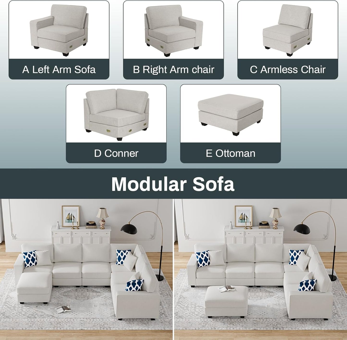 L Lengend Vansen Modular Sectional Sofa U Shaped Couch with Ottoman Modern Reversible Corner Sectional Couch for Living Room (Cream, U Shaped Sofa-2)
