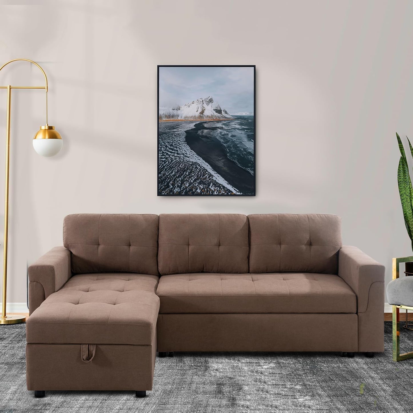 Naomi Home Transform Any Space: Sleeper Sectional Sofa with Convertible Sofa Bed & Inviting Chaise. Find Tranquil Comfort with Stress-Relieving Design & Durable Cushions - Mocha/Velvet
