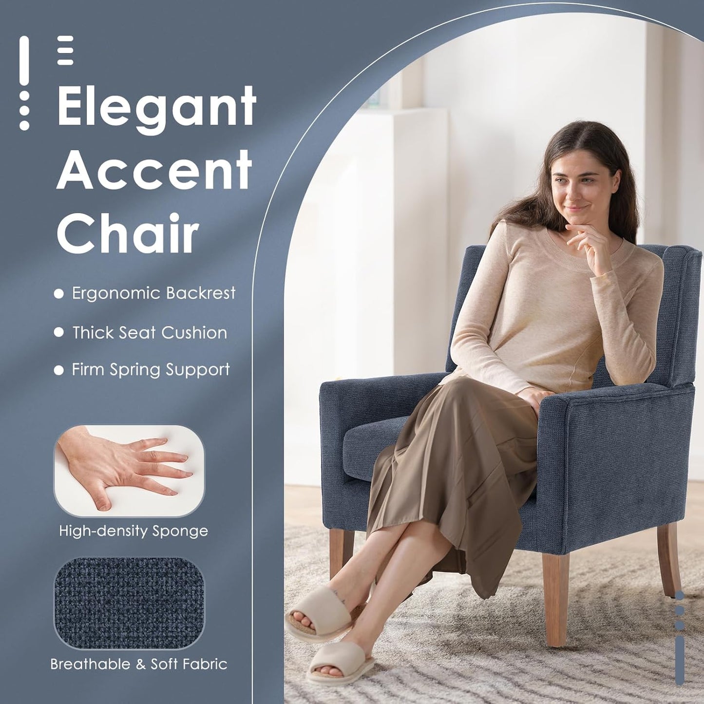 COLAMY Modern Wingback Living Room Chair, Upholstered Fabric Accent Armchair, Single Sofa Chair with Lounge Seat and Wood Legs for Bedroom/Office/Reading Spaces, Blue