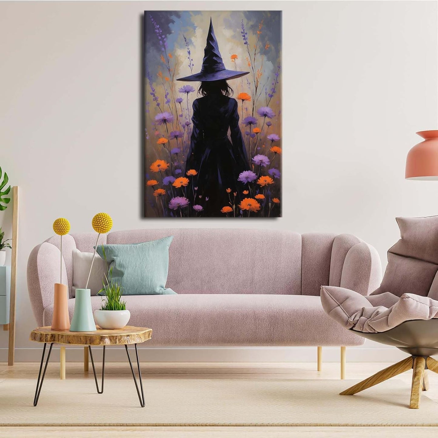 Country wildflower witch canvas print halloween mashup art witch purple decoration bohemian elegant art poster24x36in Wood Framed