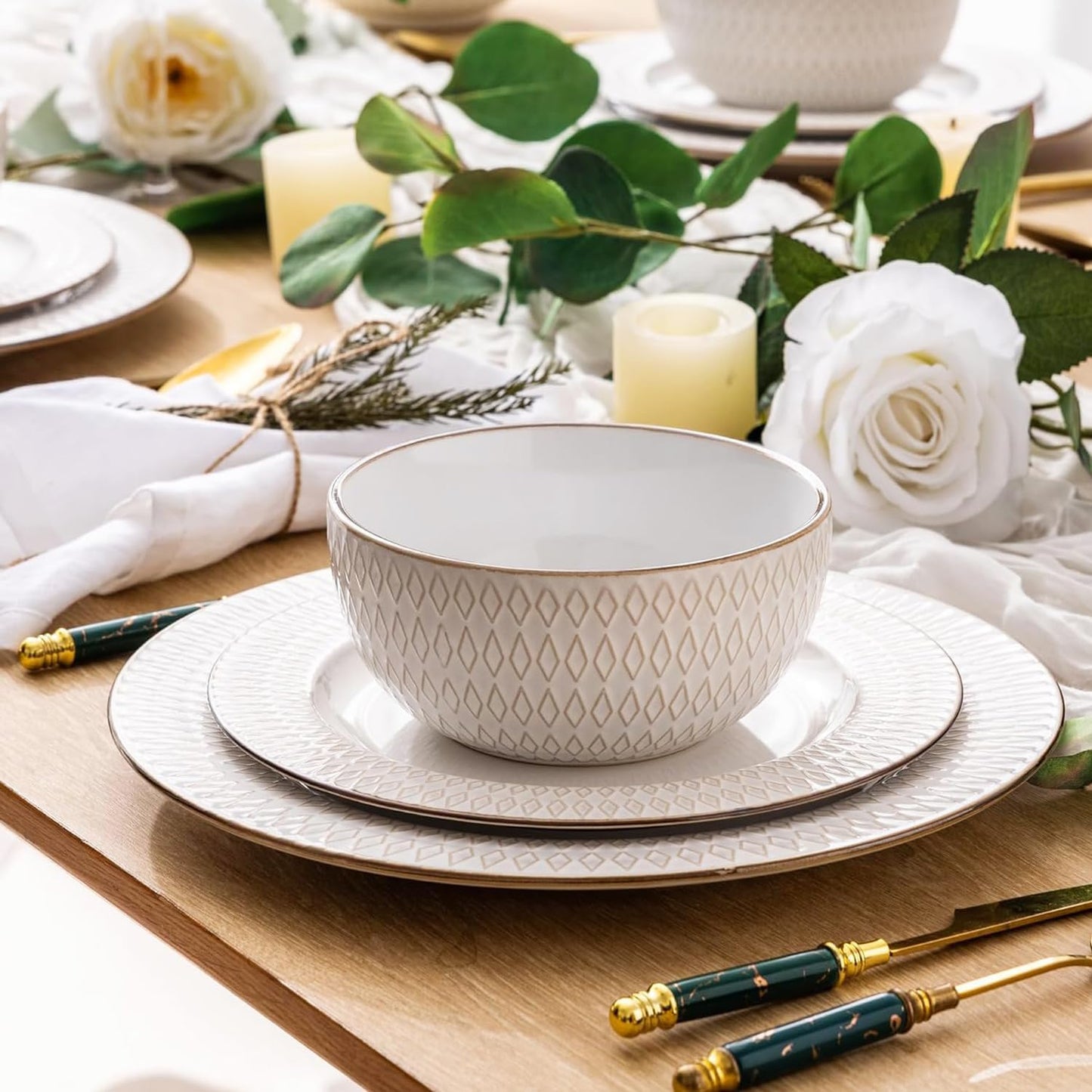 GBHOME Ceramic Dinnerware Sets,12 pcs Embossed Elegant Stoneware Plates and Bowls Sets, Housewarming Wedding Gift | Dishwasher & Microwave Safe | Dishes Set Service for 4