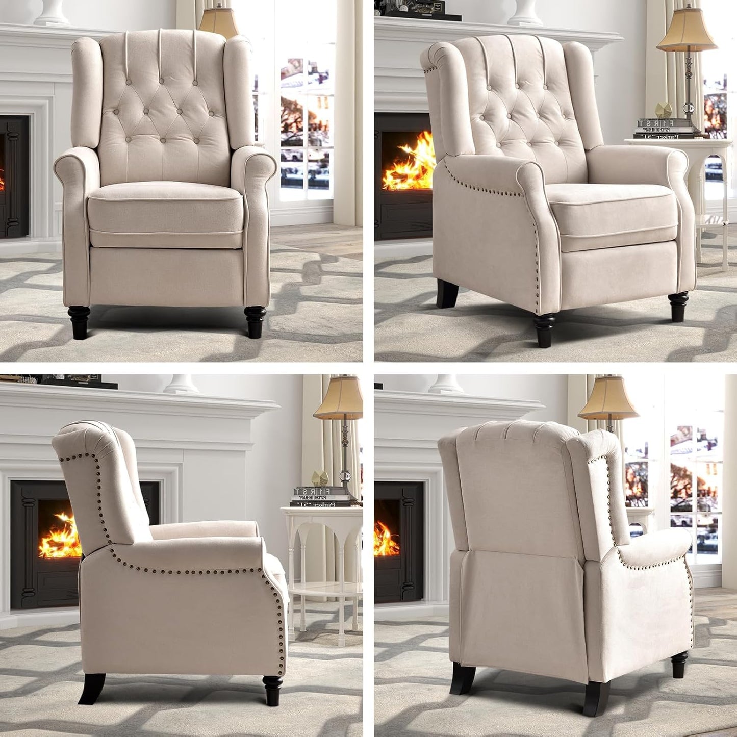 EBELLO Pushback Recliner Chair, Fabric Armchair Push Back Recliner with Rivet Decoration, Mid Century Wingback Accent Chair for Living Room, Bedroom, Beige