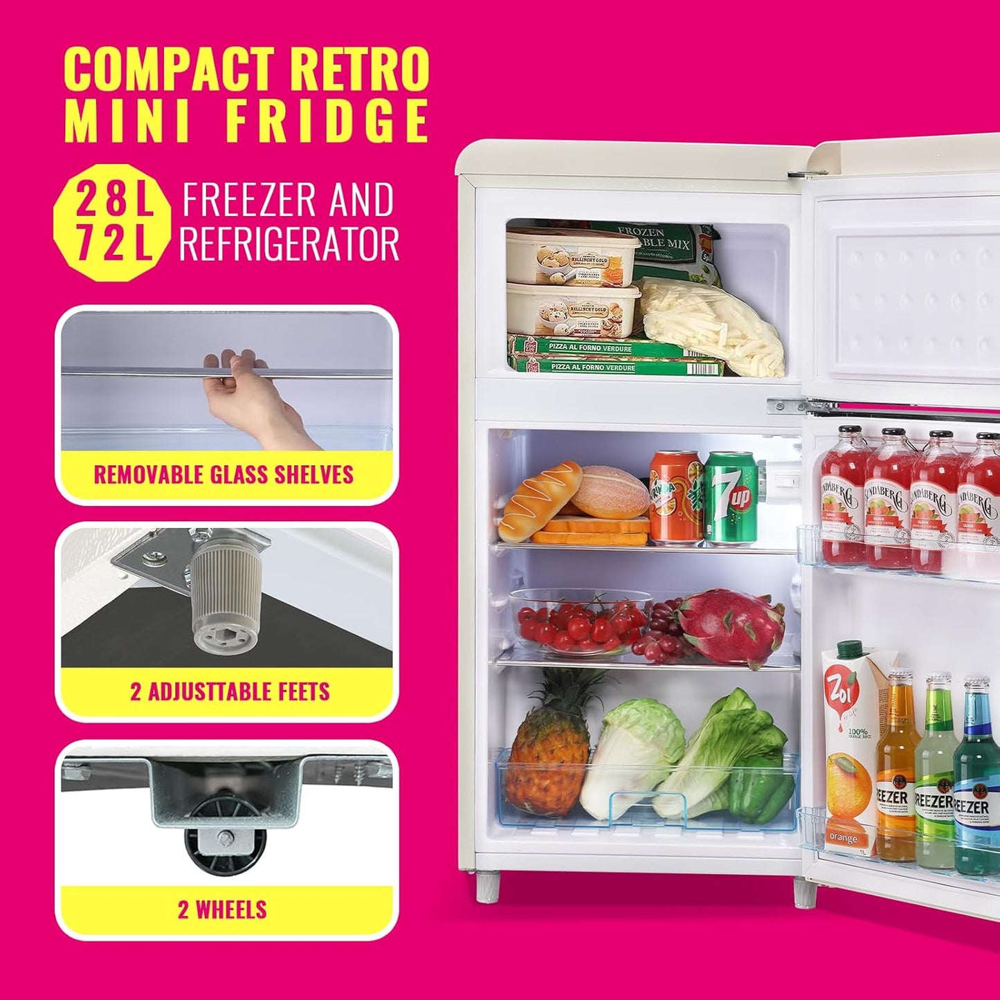 Retro Mini Fridge 3.5 Cu.ft Small Refrigerator with Top Freezer Compact Fridge Apartment Size Refrigerator Dual Door with Handles for Home Office Dorm