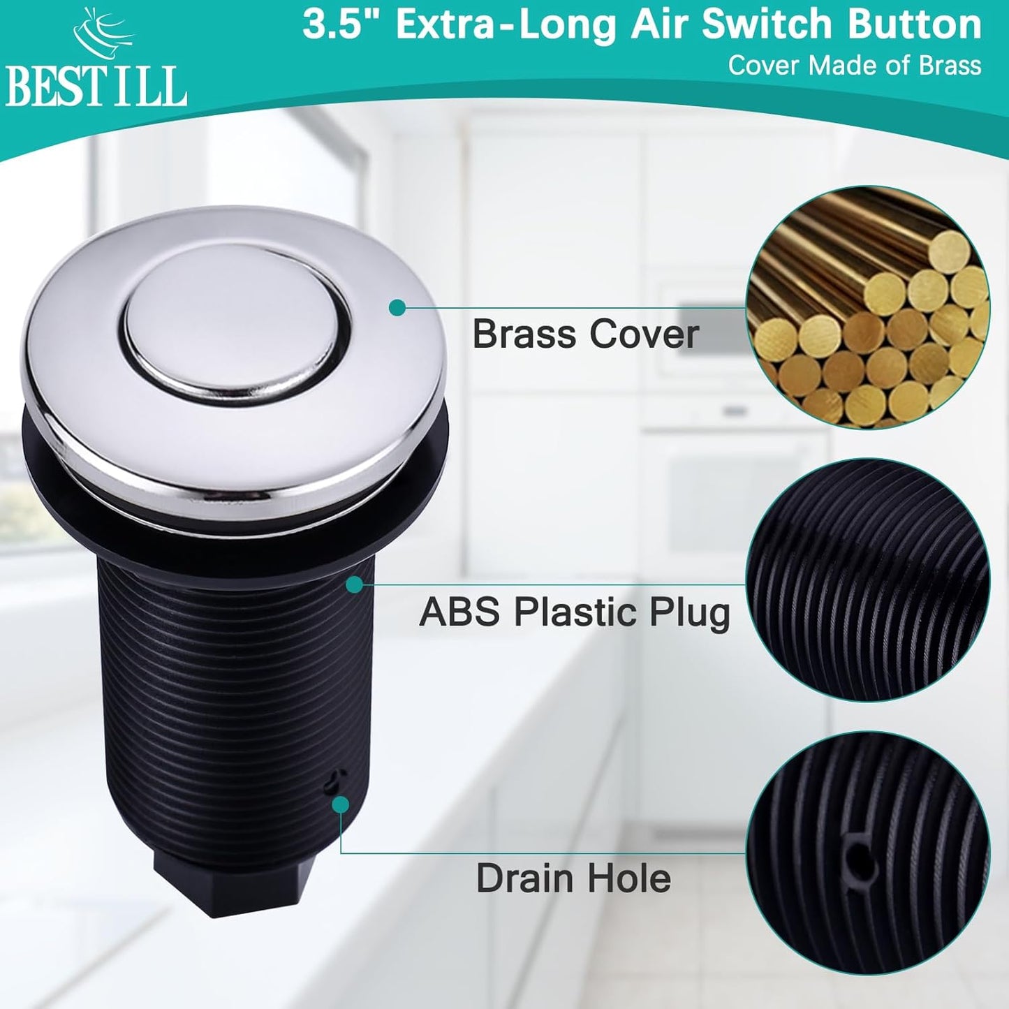 BESTILL Garbage Disposal Air Switch Kit - UL Listed, Cordless Sink Top Switch Button for Waste Disposer, 3.6" Long Push Button with Brass Cover, Polished Chrome, Compatible with all Garbage Disposals