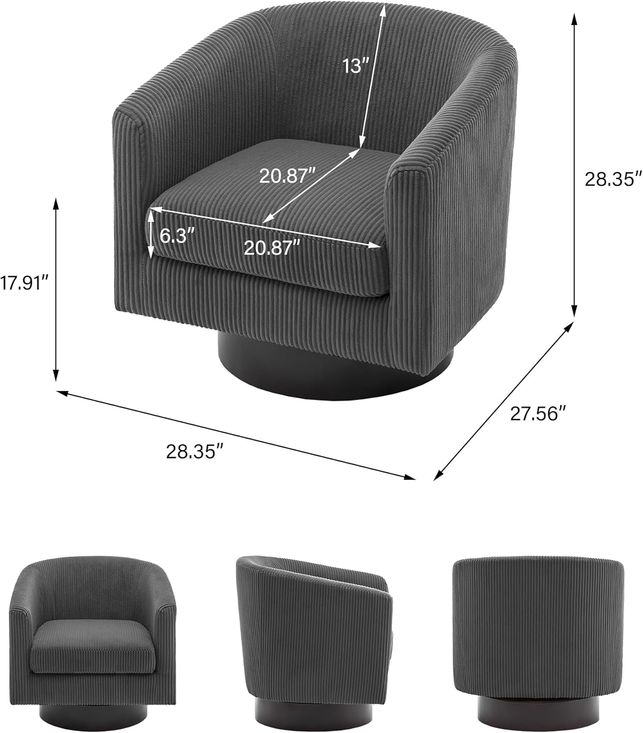 Swivel Barrel Accent Chair, Modern Round Corduroy Fabric Arm Chair for Living Room, Bedroom, Comfy Club Reading Chairs for Adults (Corduroy Grey, Set of 4)