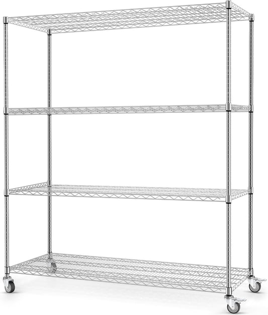 Rengue Wire Shelving with Wheels, 60"x 24"x72" Metal Storage Shelves, 4-Tier Heavy Duty Garage Storage Shelves, Chrome 2400LBS Capacity Wire Shelf Rack for Restaurant, Garage, Pantry, Kitchen