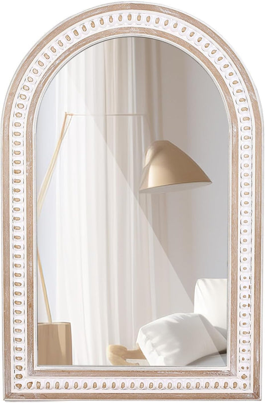 36x24 Inches Boho Wooden Arched Wall Mirror with Beaded, Rustic Farmhouse Decorative Arch Mirrors for Bathroom Vanity, Living Room, Entryway, or Foyer