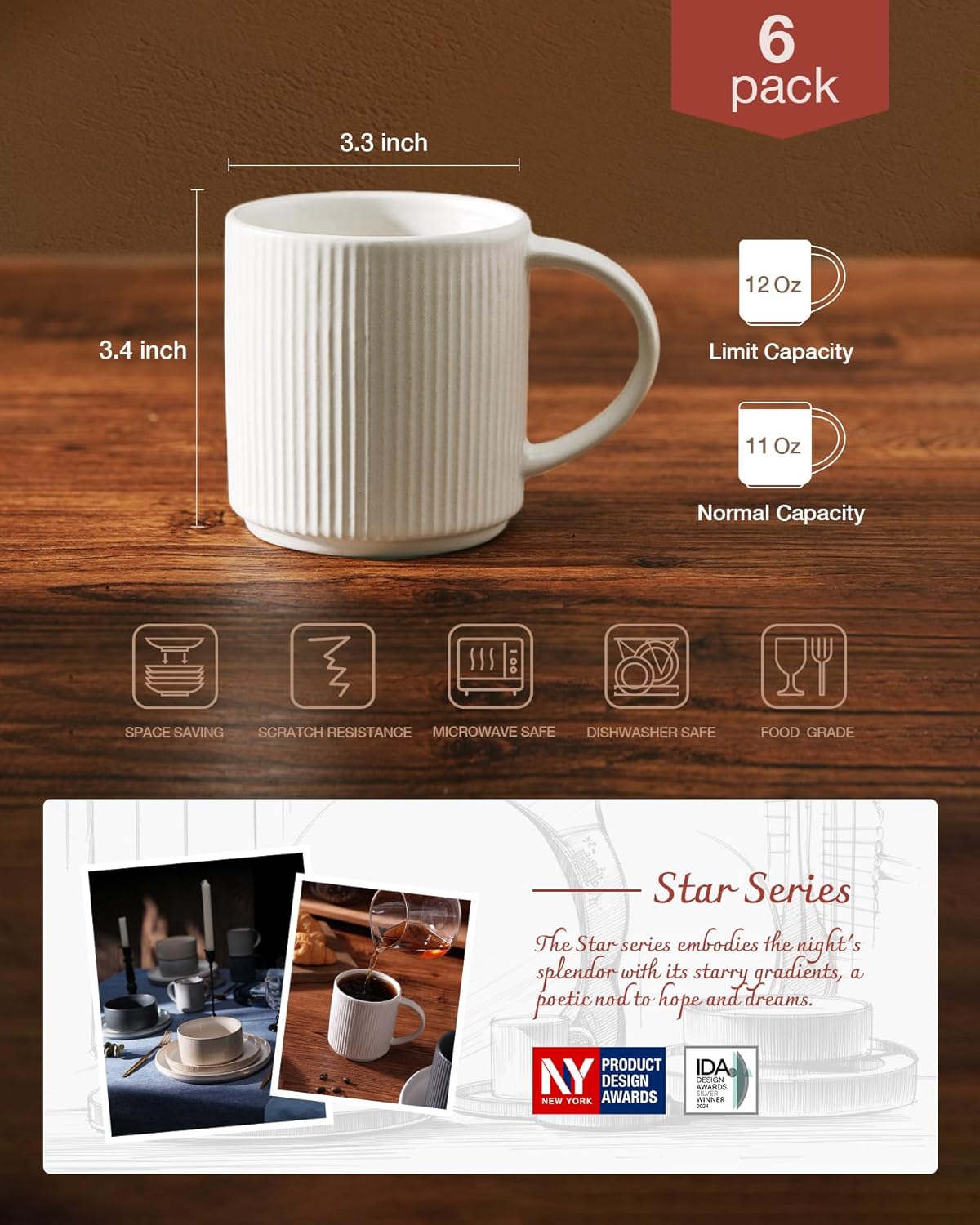 famiware Coffee Mug Set for 6, Star 12 oz Catering Mugs Cup Set with Handle for Coffee, Tea, Cocoa, Milk - Ceramic Stoneware Drinkware Set, Matte White