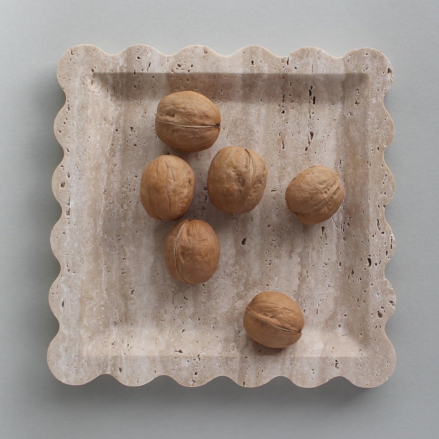 Natural Luxury Marble Tray with Scalloped Edge, Handmade Square Decorative Tray, Catch All Tray for Counter, Dresser, Nightstand and Home Décor (Beige Travertine)