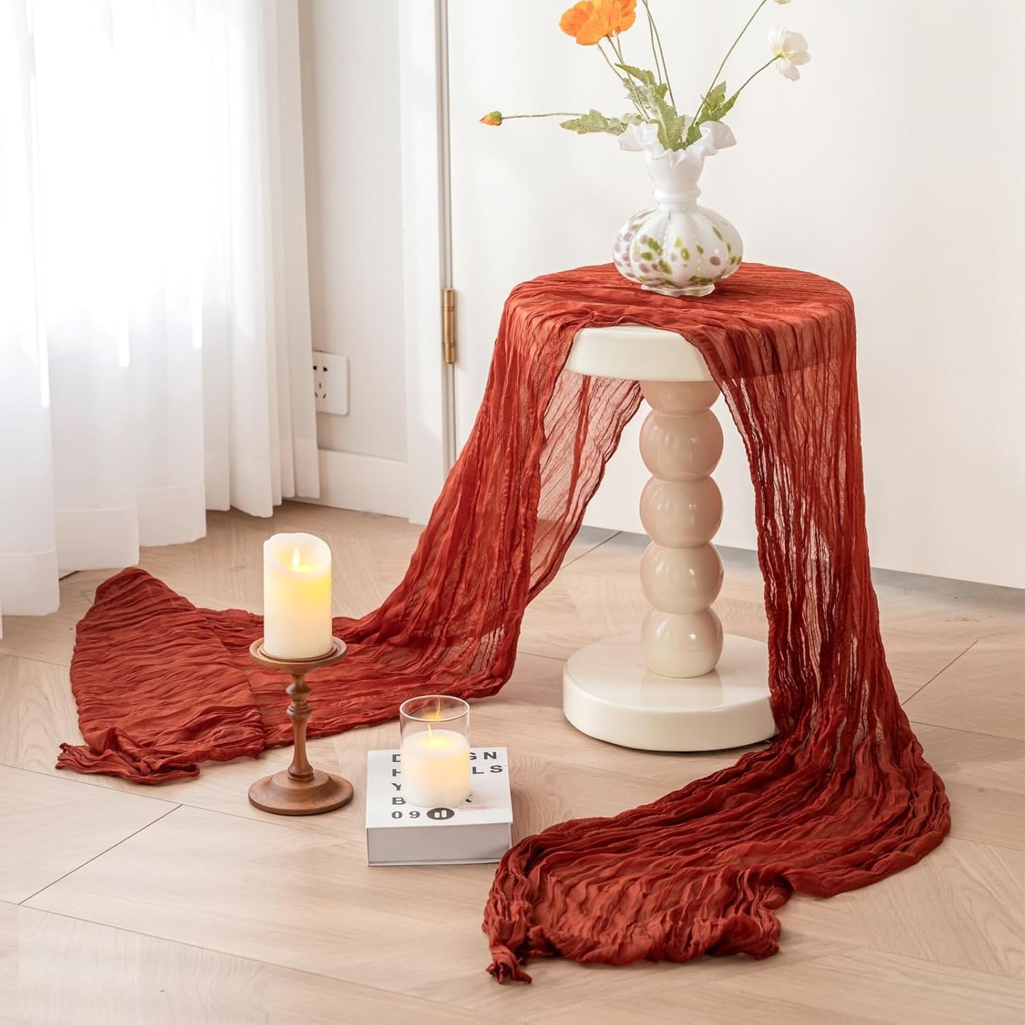 Sioloc Terracotta Table Cloth Cheesecloth Table Runner 10ft Rustic for Tea Wedding Party Baby Bridal Centerpiece Fall Decor for Home Halloween Thanksgiving