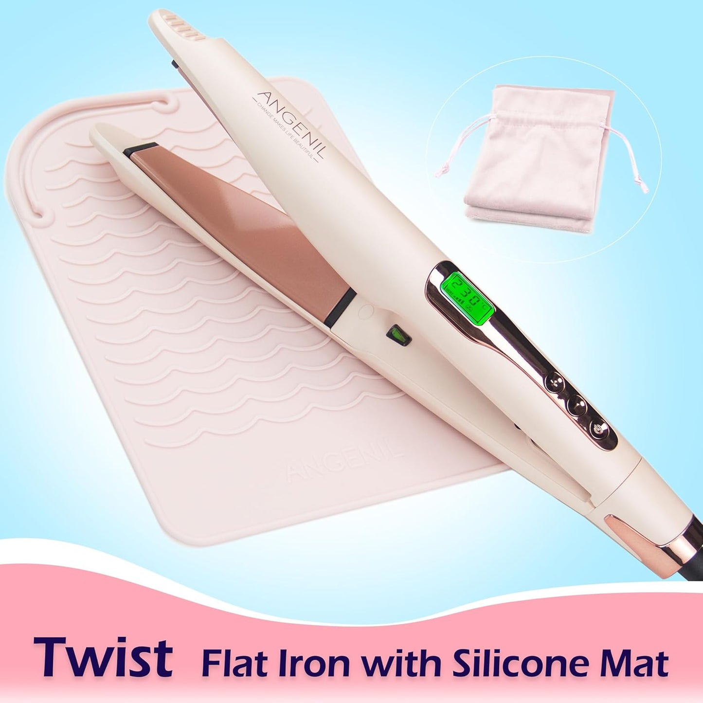 ANGENIL Pro Twist Flat Iron Hair Straightener, 2 in 1 Straightener and Curling Iron for Women, Round Pink Dual Voltage Hair Straightener with Silicone Heat Resistant Mat, 20s Fast Heating, LCD Display
