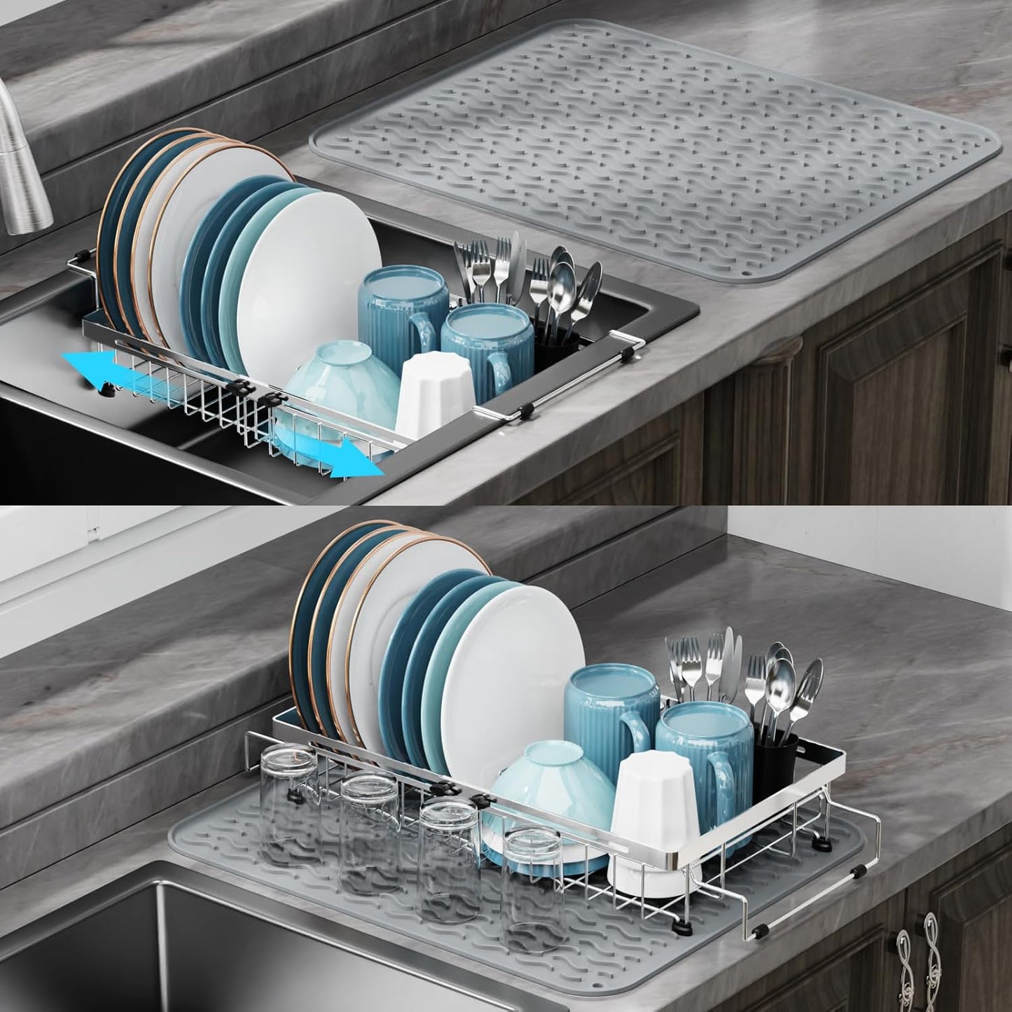 GSlife in Sink Dish Drying Rack - Capacity Expandable Stainless Steel Over Sink Dish Drainer Drying Rack (13.4''-20.4'') with Silicone Mat for Kitchen Counter Large Capacity, Black