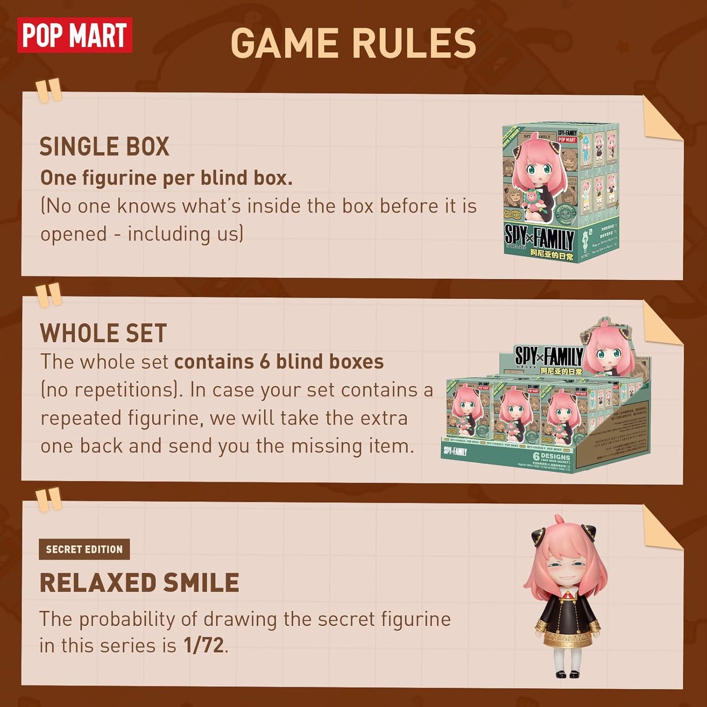 POP MART Spy × Family Anya's Daily Life Series Figures, 6PCs Spy Blind Box Figures, Random Design Action Figures Collectible Toys Home Decorations, Holiday Birthday Gifts, Whole Set