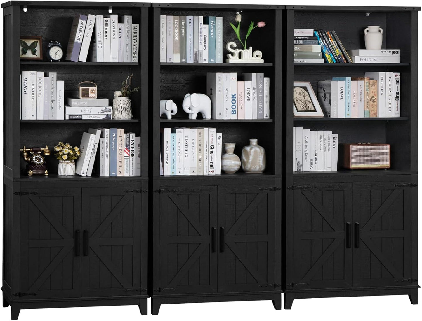 70in Tall Bookshelf 5 Tier Bookcase with Barn Doors and Adjustable Shelves, Black Farmhouse Book Shelf with Storage Cabinet, Wood Freestanding Display Bookshelves for Bedroom, Kitchen (3PCS)