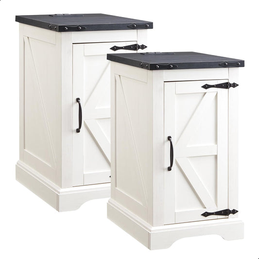 JXQTLINGMU Farmhouse Nightstand Set of 2 with Charging Station, 17" D Rectangular End Table with Barn Door & Adjustable Storage Shelf, Wood Rustic Sofa Side Table for Living Room, Bedroom, White