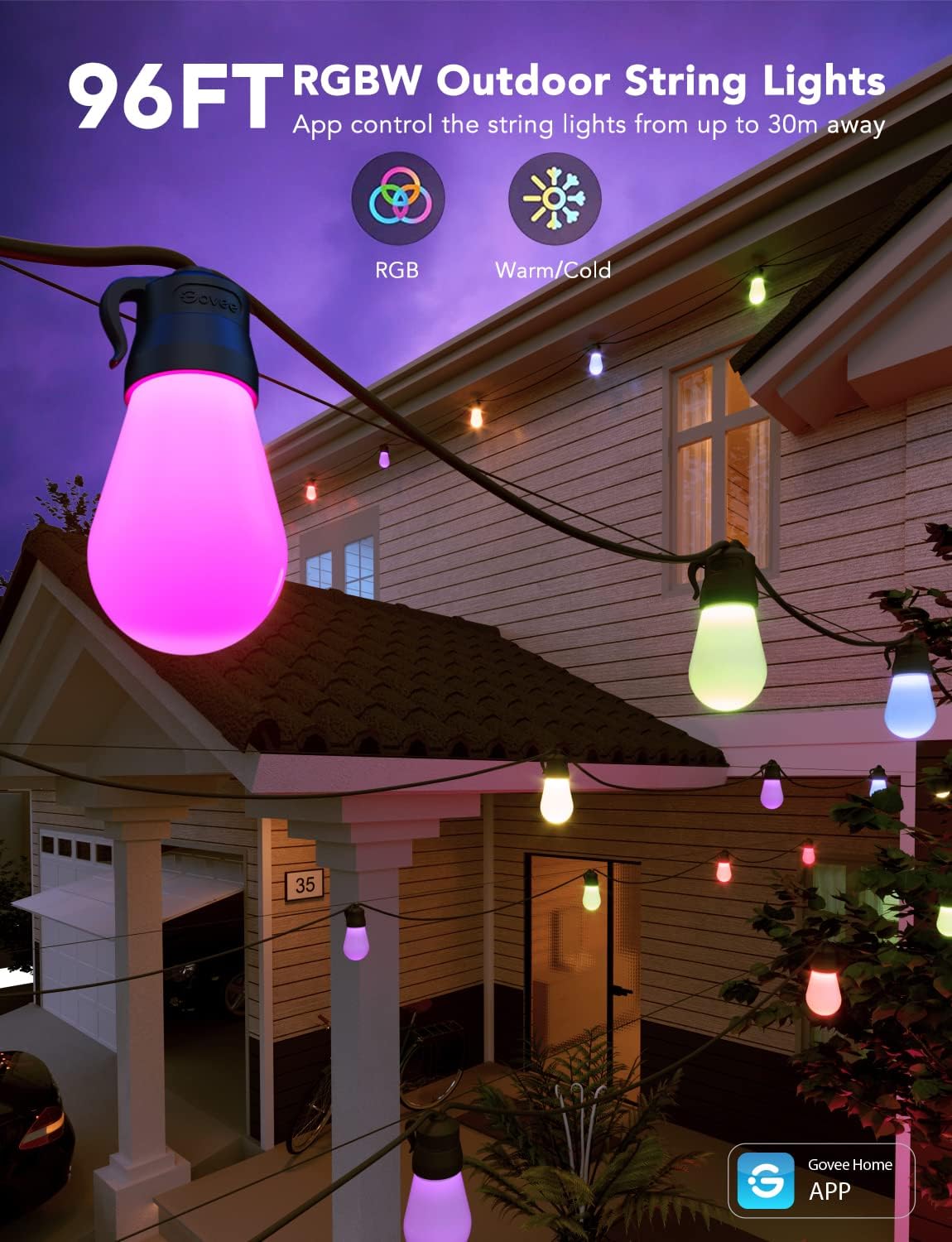 Govee Smart Outdoor String Lights H7016, 96ft RGBIC Outdoor Lights with 30 Dimmable LED Bulbs, IP65 Waterproof, Color Changing Warm White Lights with 47 Scene Modes for Patio, Backyard, App Control