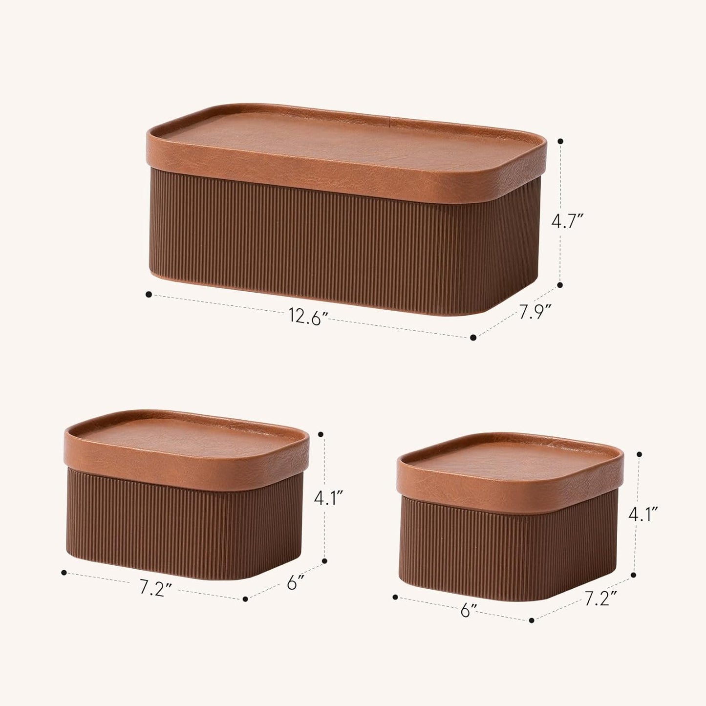 La Jolie Maison Fluted Cardboard Storage Baskets with Leather-Like Lids, Sturdy Stackable Paper Boxes Decorative Tray, Set of 3 Chestnut