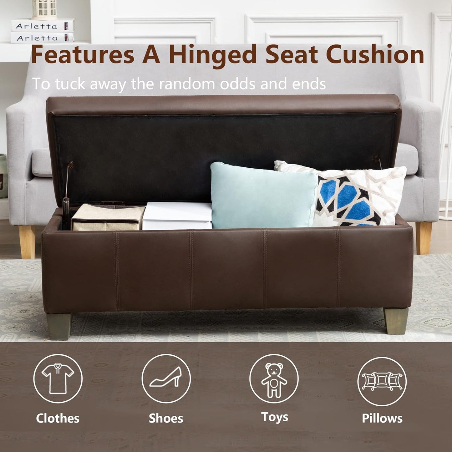 Brown Faux Leather Ottoman with Storage, Rectangular Extra Long Storage Bench for Bedroom and Living Room