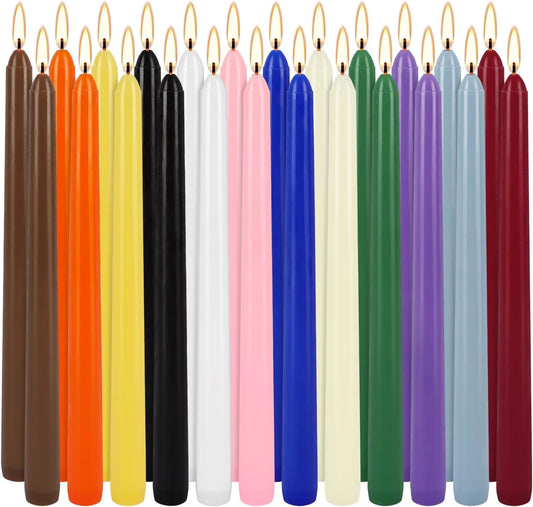 24 Pack 10" Tall Colored Taper Candles, Dripless Unscented Colorful Candlesticks for Birthdays Dinner Party Home Décor, Long Burning Spell Chime Candles for Witchcraft Ritual Prayer Meditation