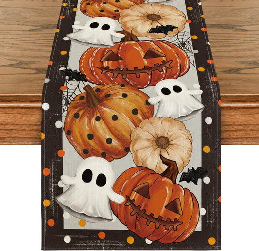 Artoid Mode Jack-O'-Lantern Pumpkin Ghost Spider Web Halloween Table Runner,Holiday Kitchen Dining Table Decoration for Home Party Decor 13 x 108 Inch