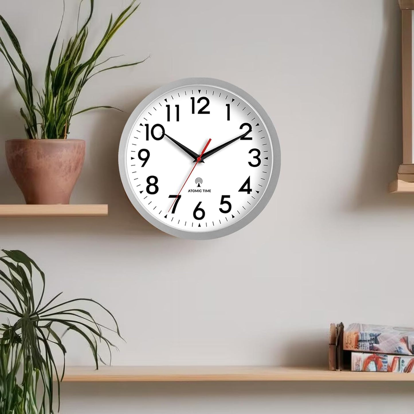 Atomic Wall Clock Analog 14 Inch Battery Operated Modern Decorative for Living Room Kitchen Office Bedroom Bathroom(Silver)