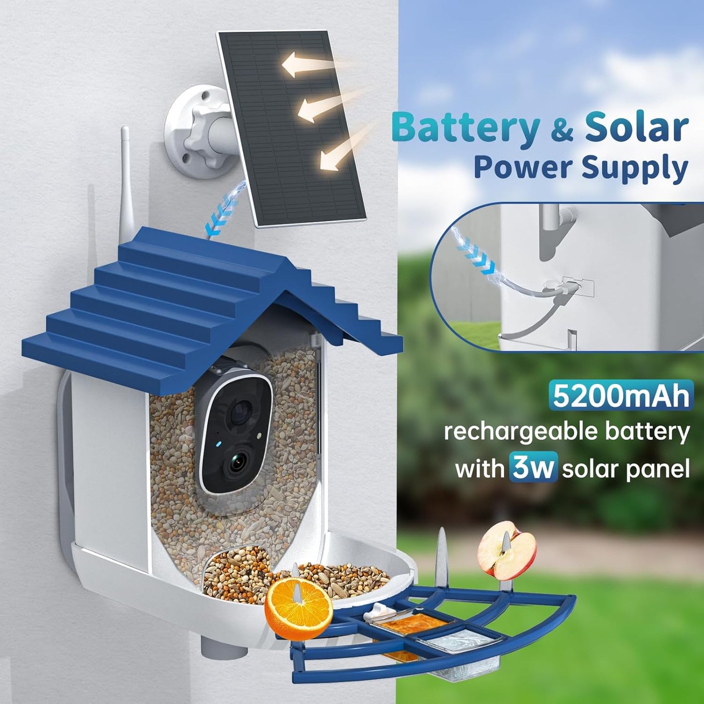 Smart Bird Feeder with Camera Solar Powered & AI Bi rd Identification, 2.4Ghz WiFi Bird feeders for Outdoors, 2K Live Video, Nstant Arrival Alerts - Best Gifts for Bi rd Lovers（Indigo Blue）