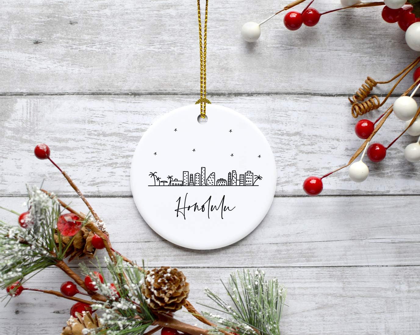 Andaz Press Round Ceramic Porcelain Christmas Tree Ornament Keepsake, Honolulu Black and White Stars City Skyline Graphic, 1-Pack, Birthday Gift Idea for Family, Coworker, Him, Her, Includes Gift Box