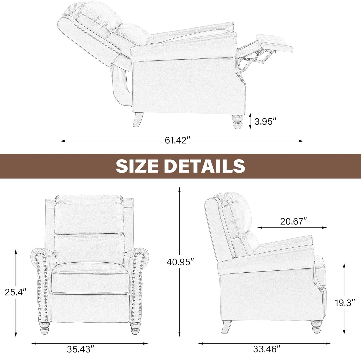 UIXE Pushback Recliner Chairs Set of 2, Fabric Armchair Push Back Accent Chair, Rivet Trim Club Chair Home Theater Overstuffed Single Sofa Reading Seat for Living Room, Pattern