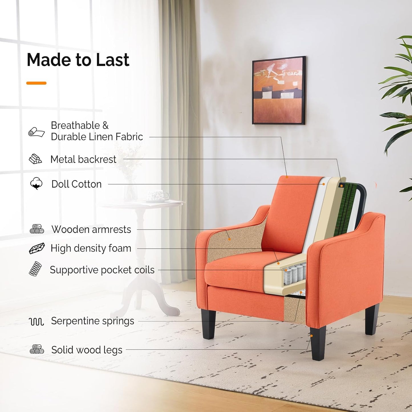 VINGLI Accent Chairs Set of 2 Living Room Chairs Burnt Orange Reading Chair for Bedroom Scooped Arm Chair Mid Century Modern Accent Chairs Upholstered Comfy Chair for Apartment, Waiting Room