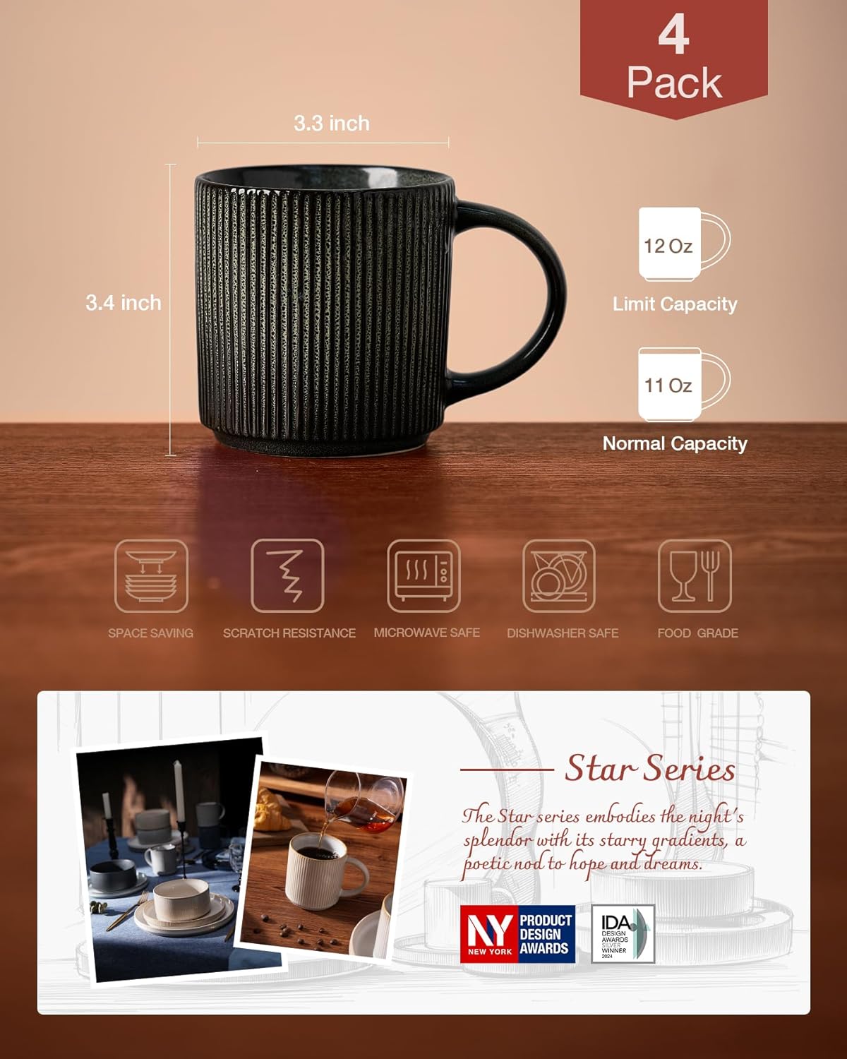 famiware Coffee Mug Set for 4, Star 12 oz Catering Mugs Cup Set with Handle for Coffee, Tea, Cocoa, Milk - Ceramic Stoneware Drinkware Set, Deep Forest