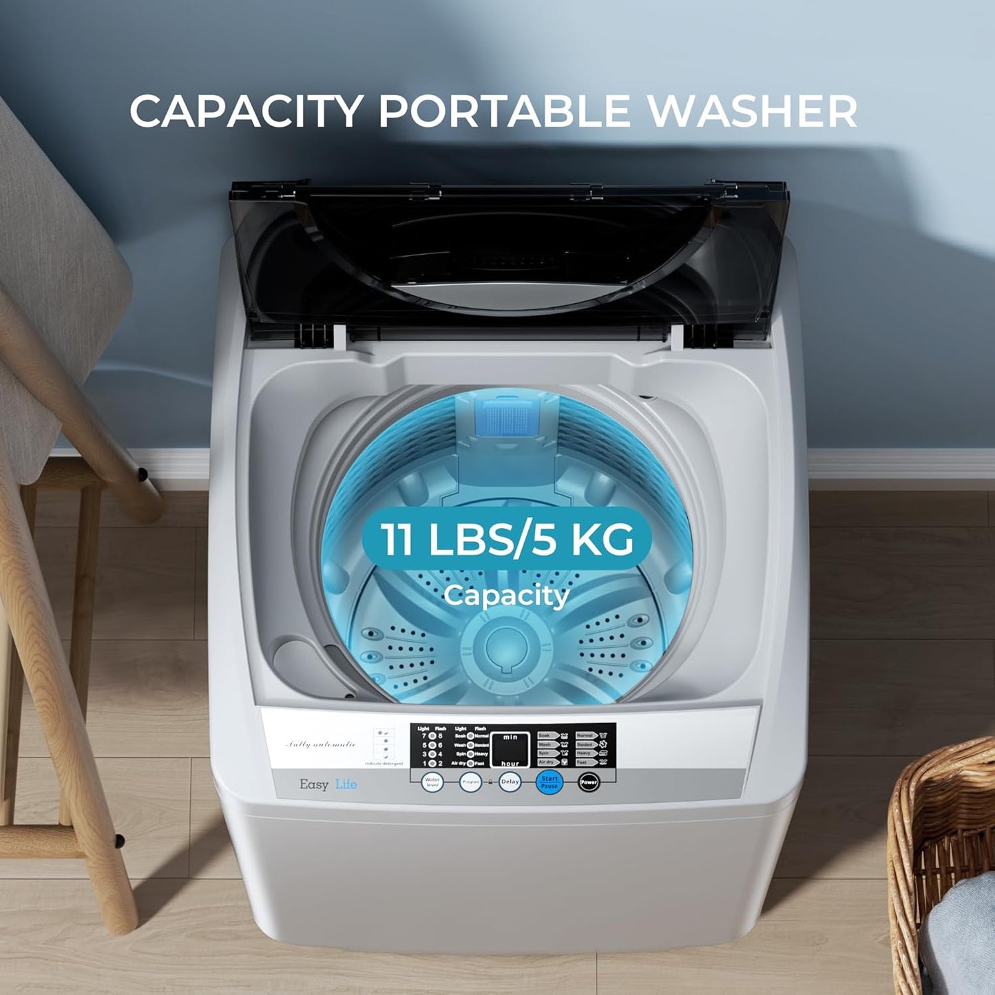 Euhomy 1.59 Cu.Ft. Portable Washing Machine, 11 LBS Capacity, 8 Functions, 8 Water Levels,Full Size Washing Machine with Drain Pump and LED Display for Apartments, RVs, Homes, Gray