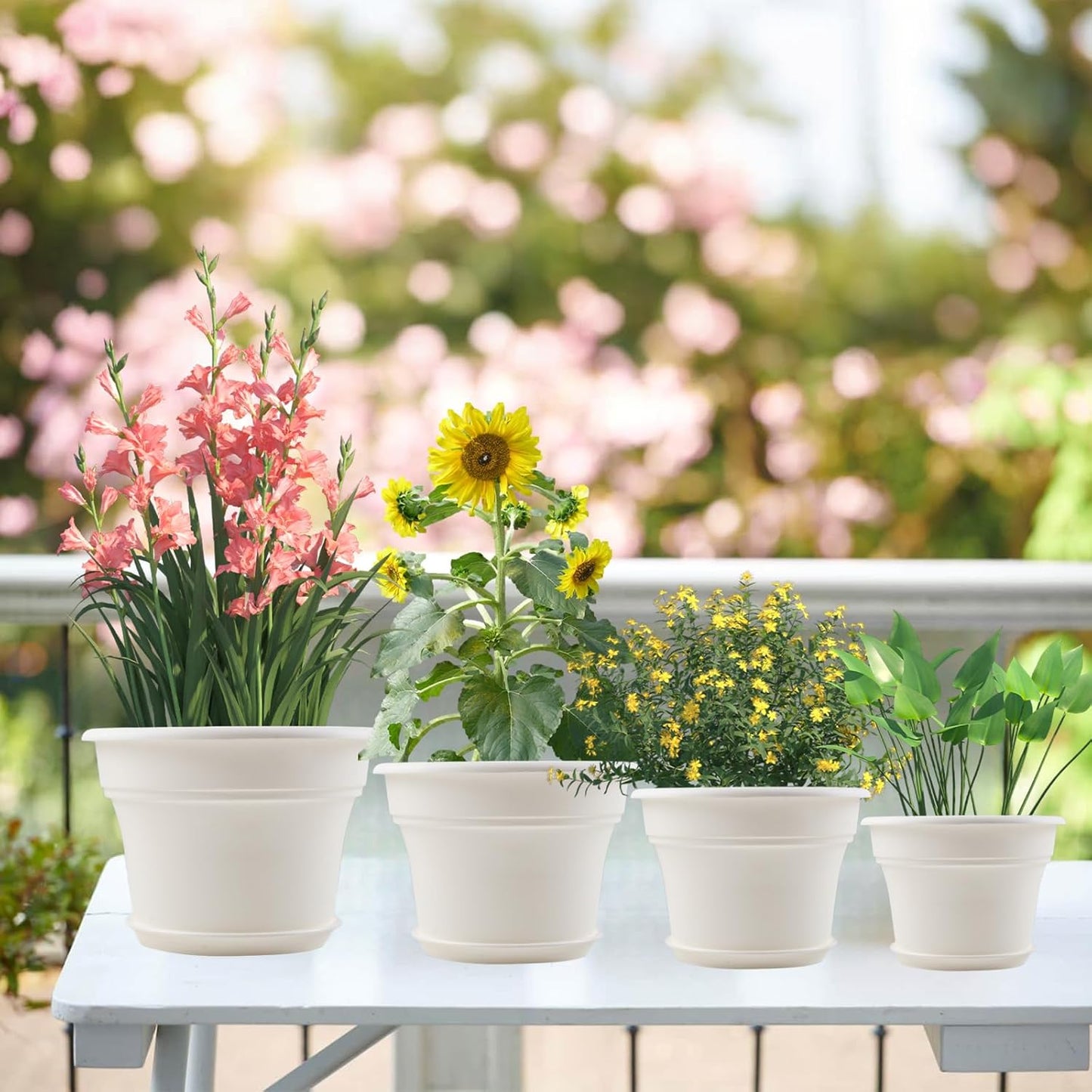 13 Inch Plastic-Flower-Pot-for-Indoor-Plants, 4 Pack Large Outdoor Planter Pot with Drainage Holes & Saucers, Resin Decorative Garden Pots Planters