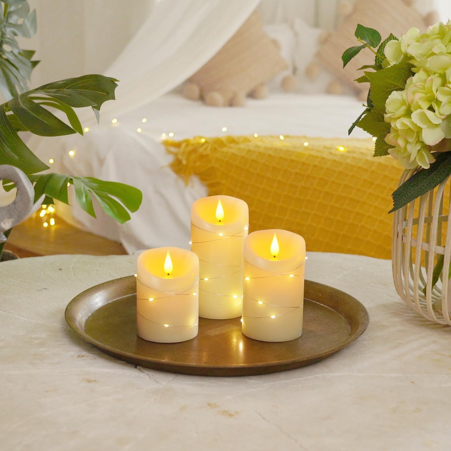 Homemory Flameless Candles with String Lights, 3 Pack Embedded Fairy String Lights LED Candles, Electric Flickering Candles with Remote Control and Timer, Real Wax, Ivory White