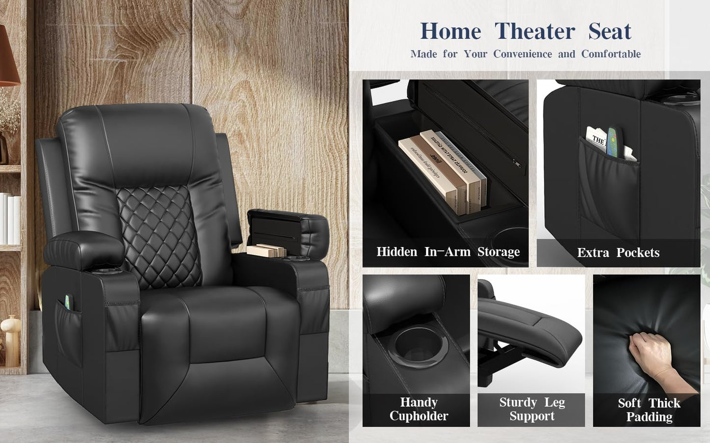 Recliner Chairs for Adults, FSC Certified Massage Rocker with Heated Modern Ergonomic Lounge 360 Degree Swivel Single Sofa Seat Living Room Lounge Recliners Black