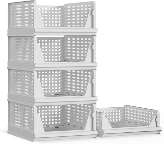 5 Pack Stackable Plastic Storage Basket Closet Organizer Bin Foldable Clothes Organizer Storage Drawer Shelf Container for Living room Bathroom Kitchen Office (4L+1S)