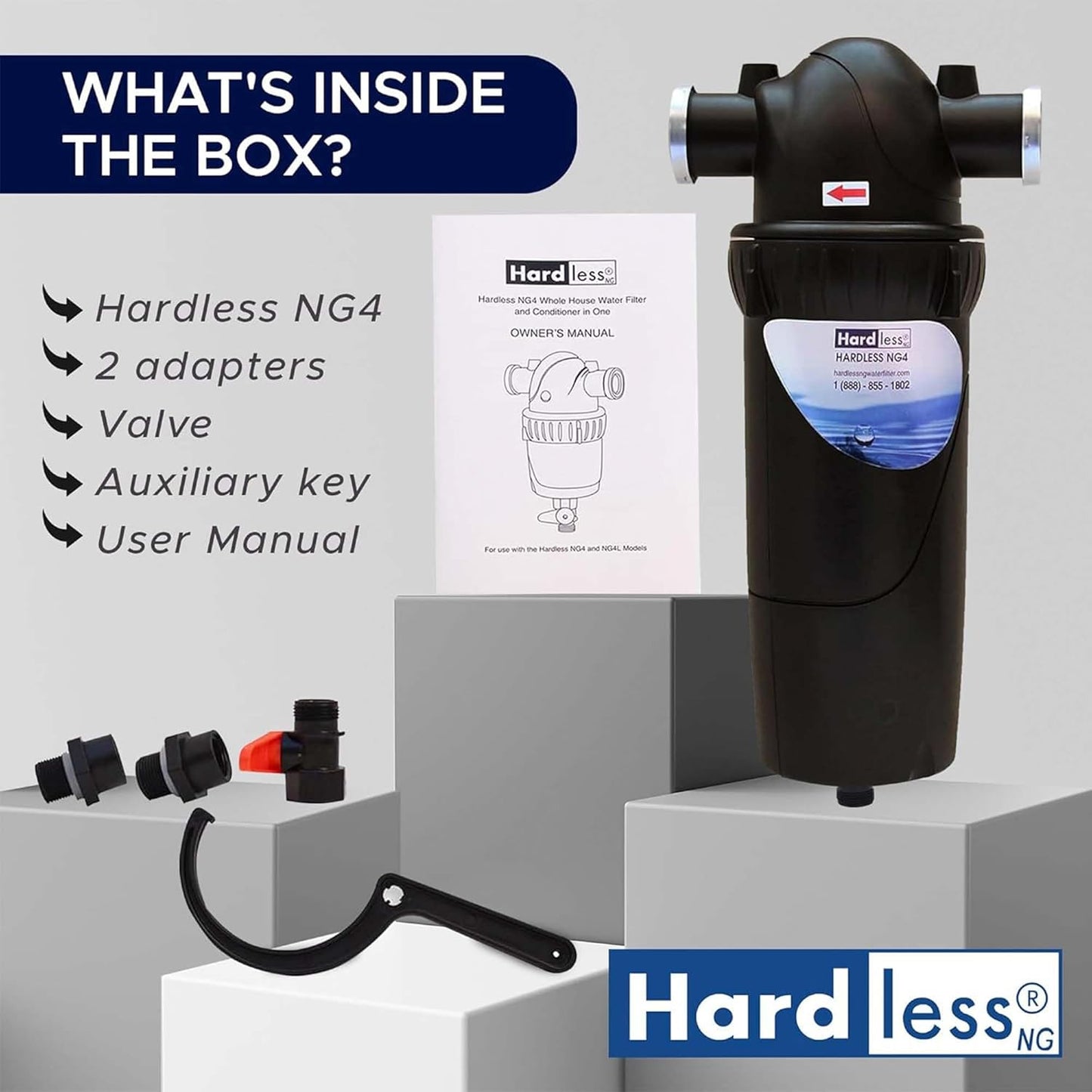 Hardless NG4L Whole House Water Filter- Salt-Free Softening Device - Reduces Limescale, Sediment & More - Compact, Easy to Install- Comes w/ 3/4" Inlet/Outlet - Filtration System for Extra Hard Water