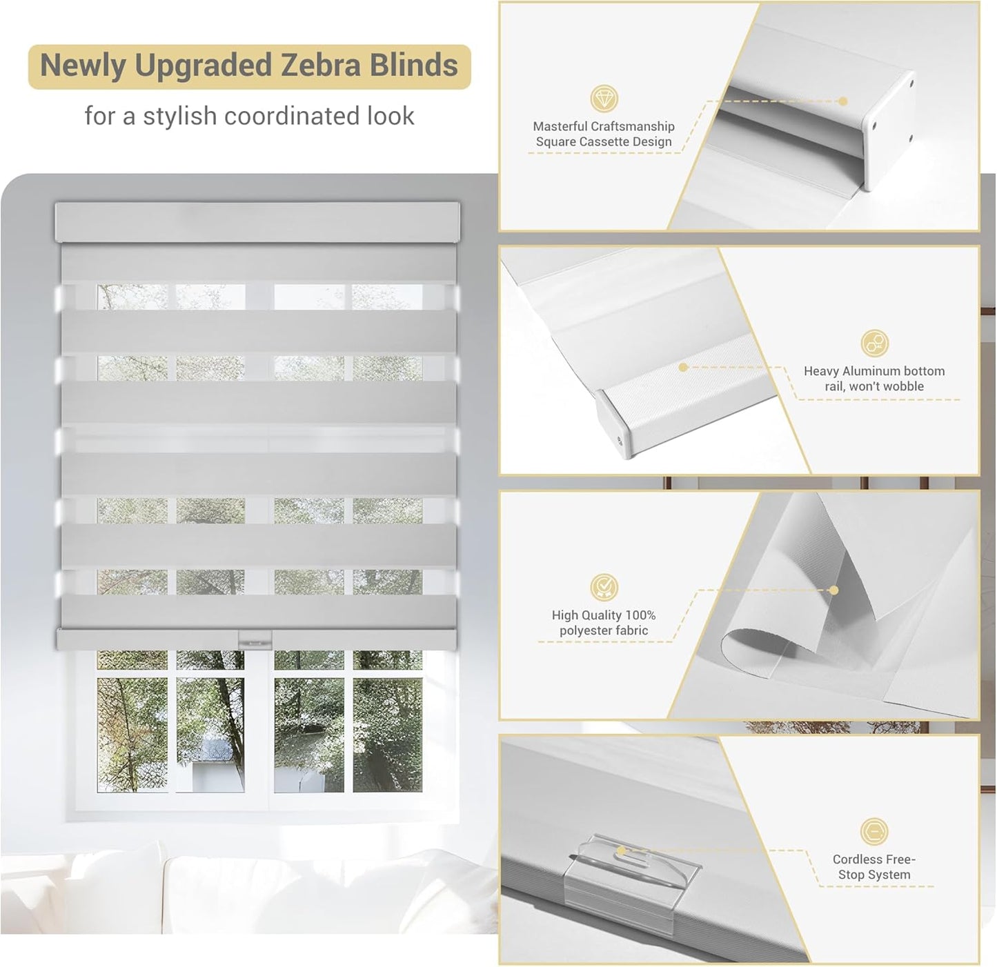 Cordless Zebra Blinds for Windows, Blackout Interior Blinds,Easy to Install,UV Protection,for Offices and Home,Custom Roller Shades, Solid White, 32" W x 80" H
