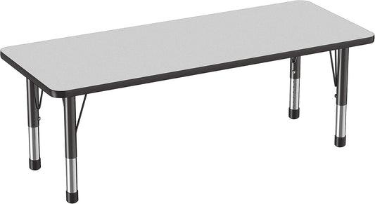 FDP Rectangle Activity School and Classroom Kids Table (24 x 60 inch), Chunky Toddler Legs, Adjustable Height 15-24 inches - Gray Top and Black Edge
