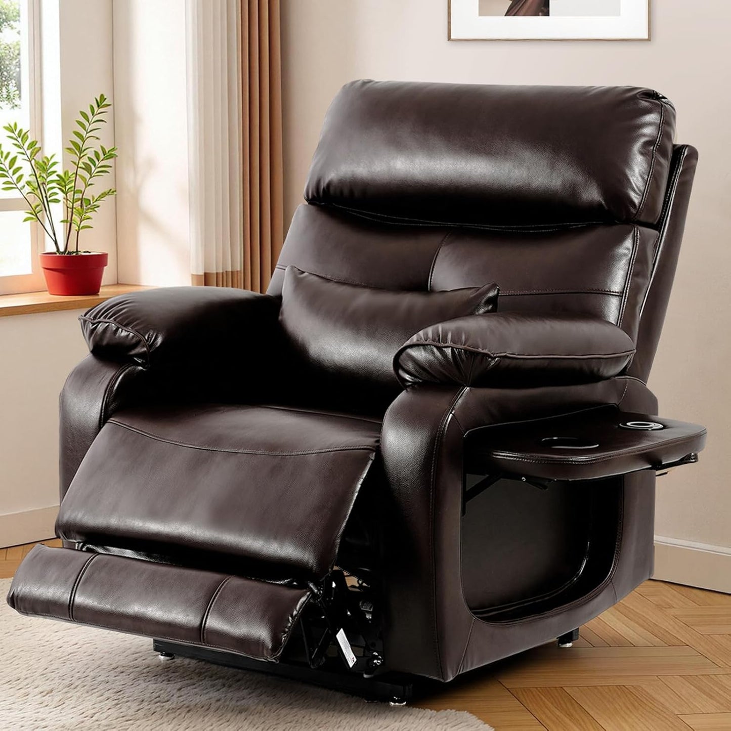 Dual Motor Power Lift Recliner Chair for Adult & Elderly, Infinite Position Lay Flat Lift Chair with Heat & Massage, Cup Holder, Lumbar Pillow, Wireless Charger, USB Ports, Leather (Brown)