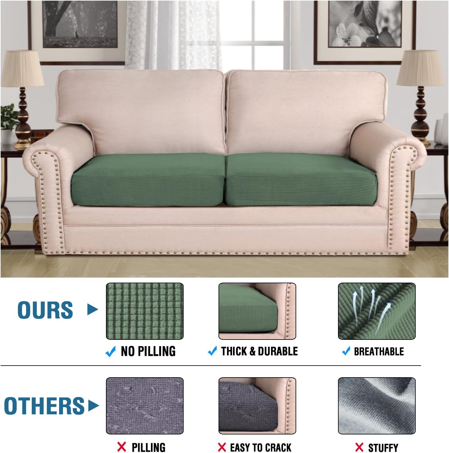 H.VERSAILTEX Super Stretch Individual Seat Cushion Covers Sofa Covers Couch Cushion Covers Slipcover Sets Thick Jacquard Textured Twill Fabric (2 Piece Large Sofa Cushion Covers, Loden Frost)