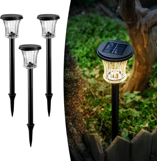 Glass Solar Pathway Lights Outdoor Waterproof, Decor Landscape Lighting with Modular Design, 3000K LED, Auto On/Off Solar Stake Light for Yard Garden Driveway Walkway Lawn, Warm White (3 Pack)